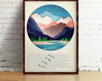 Moon Calendar 2018, Mountains and the river, Lunar calendar 2018, wall lunar calendar- A3, A3+ size, office decor