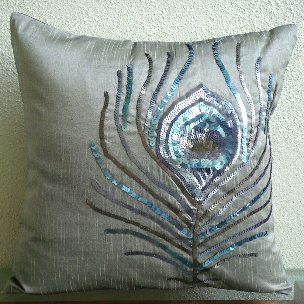 Peacock Feather Throw Pillow Covers 20x20 Inches Silk