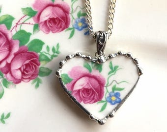 Broken china jewelry, heart pendant necklace, antique pink cottage roses, broken china necklace, recycled china, Dishfunctional Designs