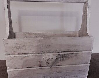 Magazine Rack Wooden Handmade with Handle - Whitewashed