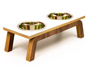 Mid Century Modern Pet Feeder | Elevated SMALL Cat & Dog Bowl | MCM Walnut Pet Dish | 16 oz Stainless Bowls | "Double Diner"