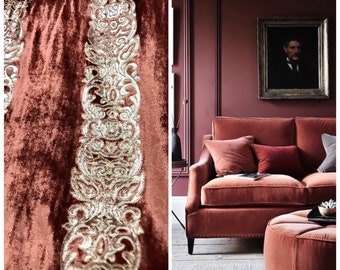 NEW! Rust Rayon Velvet Fabric with Embroidery Floral Motif