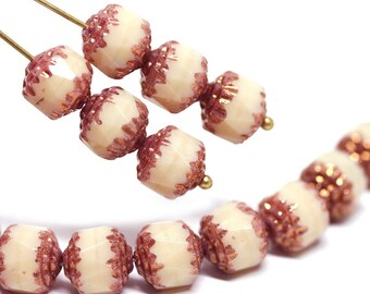 8mm Beige cathedral beads Copper ends Czech glass round fire polished ball beads 15Pc - 0901