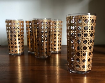 Gold Barware Glasses - Mid Century Modern Cocktail Tumblers Bar Cart Atomic Cane Design