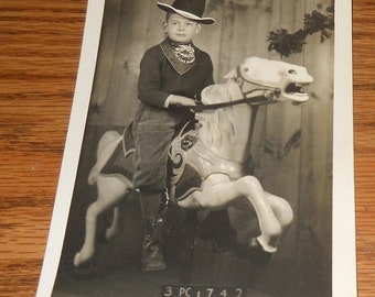 20% Off 1950's Real Photo Postcard~Little Boy Riding Hobby Horse~Cowboy