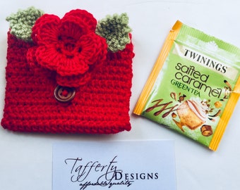 Crocheted Tea Travel Purse / Tea Purse / Tea bag Holder / Tea Wallet - in Pure Cotton - Red