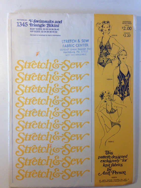 Stretch and Sew Sewing Pattern 1345 70s Missess V-Swimsuits and Triangle Bikinis Bust Size 30-40 Uncut