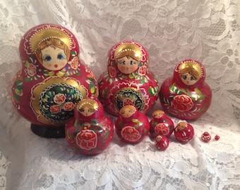 10 Piece Russian Matryoshka Doll Set, Vintage Russian Nesting Dolls, Beautiful Hand Painted Detail, All Pieces Fit Together Well.