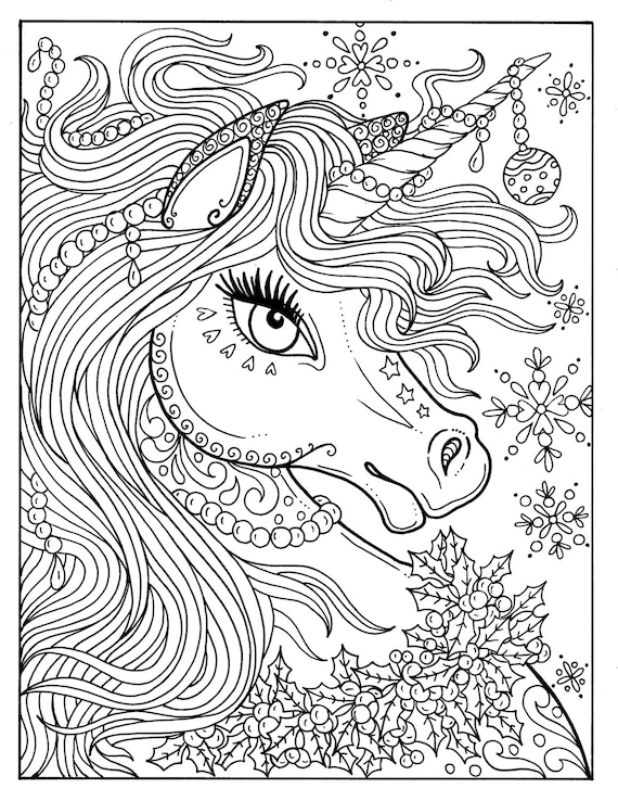  Unicorn  Christmas Coloring  Page Adult Color  Book Art Fantasy