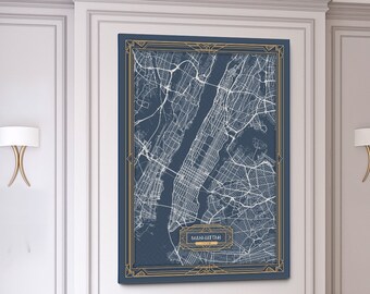 MANHATTAN New York map Art Deco Large Canvas print Map Horizontal Wall art canvas print ready to hang Gallery Art Deco Map Style