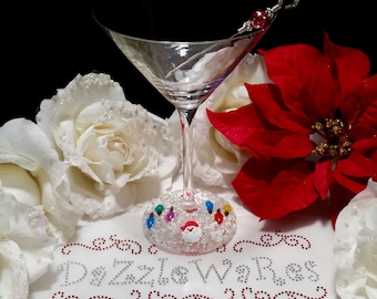 CHRISTMAS MARTINI Glasses Set of 2 - Small Bulbs with SANTA on White-Hand Beaded-Holiday Decor-Wedding-Couture Inspired-Xmas-Hostess Gift