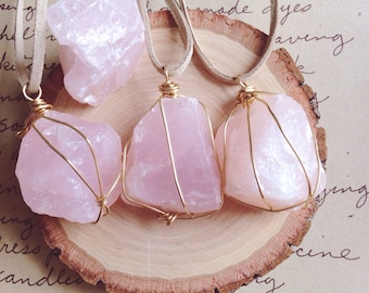 Raw Rose Quartz Necklace - Rose Quartz Necklace - Raw Crystal Necklace- Raw Stone Necklace -Rose Quartz