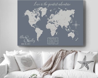 World Travel Map, Map Your Travels, Canvas Pushpin Map Wedding Gift, Our Travels Map, Personalized Travel Map, Personalized Push Pin Map