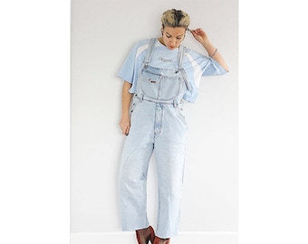 Vintage 1990s pale blue denim cropped dungarees