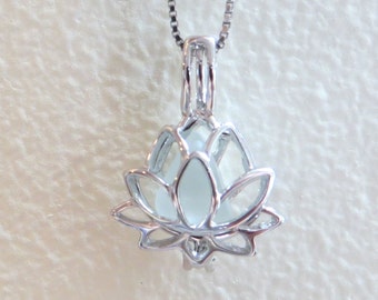 Pale Aqua Sea Glass Sterling Silver Lotus Flower Locket by Wave of LIfe