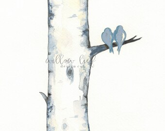 Blue Gray Birch Tree Love No. 3, Love Birds , Romance , watercolor print, Archival, wall art