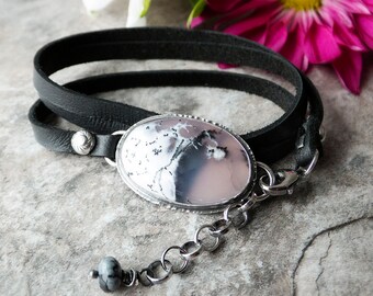 Sterling Silver Leather Wrap Bracelet, Dendritic Opal Bracelet, Rustic Bracelet, Simple Bracelet, Silver and Leather, Stone Leather Bracelet