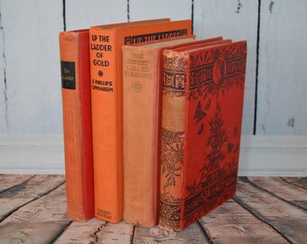 Coral Colors Book Stack, Book Collection, Farmhouse Style, Shelf Decor, Vintage Books, Wedding Decor, Centerpieces, Book Bundle, Rare Books
