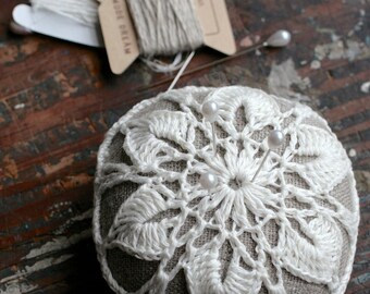 Linen pincushion - crochet motif -- white