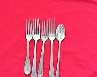Lot Of 5 Mixt Vintage Silverplate Forks & One IceTea Spoon