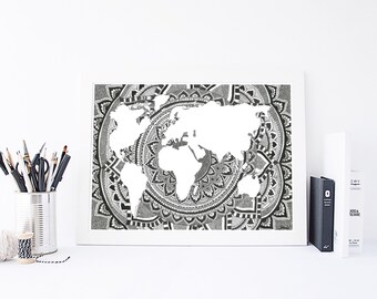 World map - World Map Print - Mandala Wall Art - Wall Art - Home Decor - World Map Art - World Map Poster - Large World Map - World Map