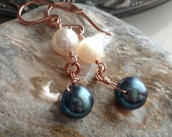 Iridescent blue black and white cultured pearl earrings - 14k rose gold filled handmade jewelry - June birthstone
