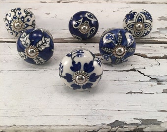 Complete Set of 6 Ceramic Knobs Decorative Tomato Shape Pull Ceramic Hand Painted Cobalt Blue Patterns, You get 6 knobs, Item #472751324