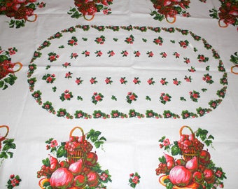 Vintage Printed Tablecloth, Cotton Tablecloth, Picnic Cloth, Red Fruit Tablecloth, Cottage Kitchen, Fabric Tablecloth