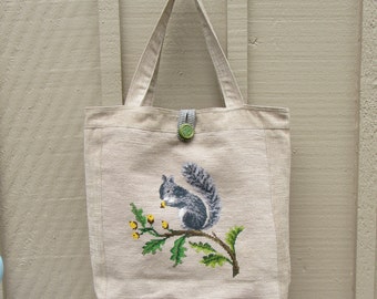 Vintage Needlepoint Handbag Tote Large Squirrel Needlework