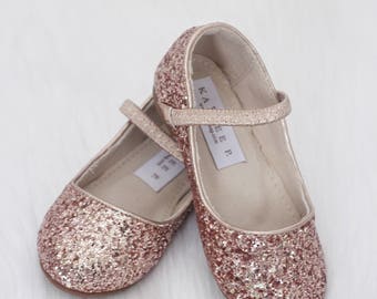 Infant Girl Shoes, Toddler Shoes, Little Kids & Big Kids Shoes - ROSE GOLD rock glitter maryjane flats - for flower girls, fairies, and prin