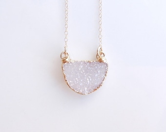 White Drusy Necklace in Gold - Druzy Jewelry - Half Circle - One of a Kind