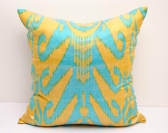 18x18 ikat pillow cover, blue, yellow, pillows, blue ikats, yellow blue, cushion case, home pillows, accent pillows, throw pillows