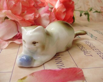 Vintage,Hungarian, ZSOLNAY porcelain animal figurine,cat,kitty with ball,handpainted stamped