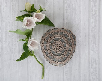 crochet stone, crochet rock, tabletop decor, natural taupe cotton thread, bowl element, paperweight, fiber art, ring bearer