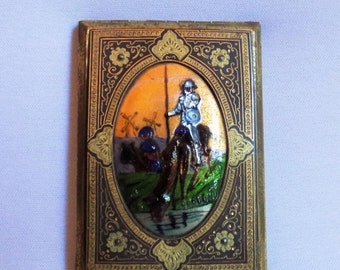 Rare Fused Glass Enamel Powder Compact, Don Quixote Figural Art Glass Compact