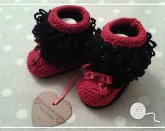 1 Pair 'Loopy' Red and Black Sparkly Hand Knitted Baby Booties - Girl - 3-6 months size - Made by Tootsietastic - READY TO SHIP