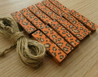 Cheetah Leopard Spots, Animal Print Chunky Little Clothespin Clips w Twine for Display, Set of 12, Boy Baby Birthday Shower, Jungle Theme