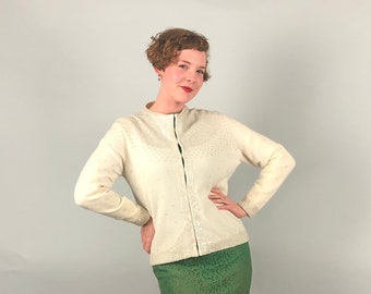 Vintage 1950s 1960s Sweater | 50s 60s Snow White Wool Knit White Iridescent Sparkly Sequin Bedazzled Cardigan | Large