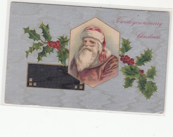 Santa Claus With Red Cap,Brown Coat,Santa Vignette,Holly, Silver Moire Like Ground Pattern,Antique Postcard