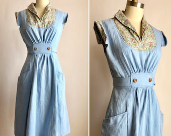 1970s summer dress S ~ vintage robins egg blue apron dress