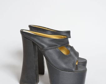 Vintage 70's Vinyl Platform Chunky Very High Heel Sandal Shoes
