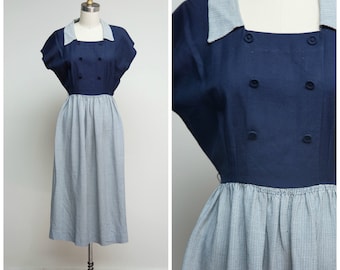 Vintage 1940s Dress • By Your Side • Navy Blue Houndstooth Late 40s Dress Size Small