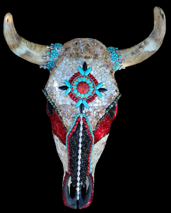 Decorated Mosaic Cow Skull Southwestern Native American Style