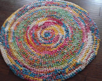 Round Shabby Chic/ Boho/ Upcycled/ Country Chic Rag Rug Yellow Green Aqua Pink Red and Purple for Family Room Bathroom Girl Room Crochet Rug
