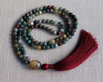 Moss Agate 108 mala beads Buddhist Meditation Mantra Soothing Calming Yoga Abundance Tassel Green beads Japa Mala Gem Necklace jewelry gift