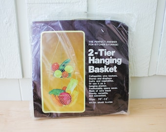Vintage new in packaging 2 tier hanging basket brass plated 10"-12" fruit basket planter new old stock