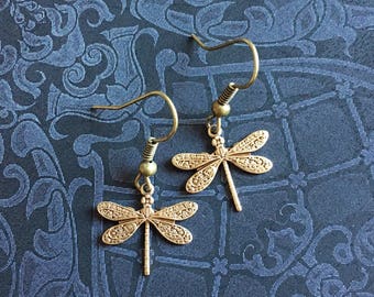 Gold Dragonfly Earrings, Antique Gold Jewelry, Steampunk Jewelry, Dragonfly Jewelry, Antique Gold Earrings, Dragonfly Earrings