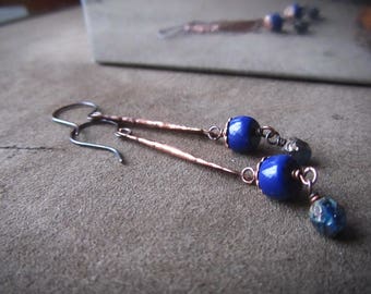 Lapis lazuli earrings Blue earrings Copper dangle earrings Indigo blue lapis earrings Czech glass earrings Everyday boho earrings Bohemian
