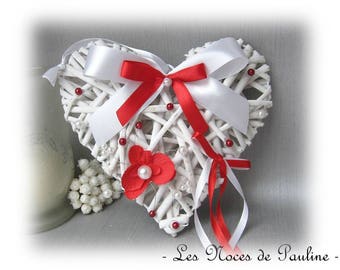 Ring bearer white and red heart wedding rattan Fleur