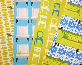 Fabric destash Laurie Wisbrun Tufted Tweets 1/2 yard bundle Blue Green and White decor fabric